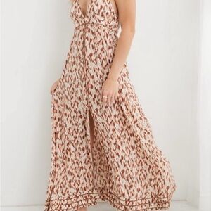 Aerie Brown and Cream Patterned Maxi Dress with Slit